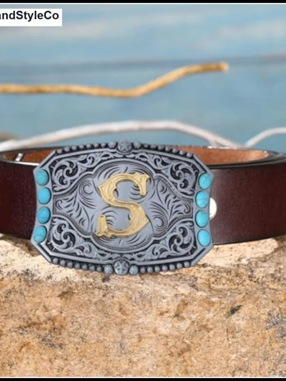 Western Cowboy Belt Buckle with Initial Letter, Turquoise Stone, Alloy